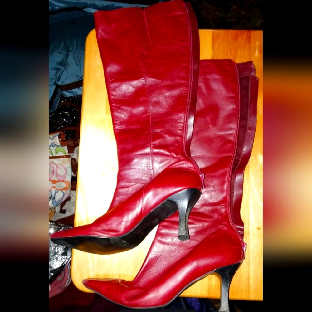 Women's Red Leather High Heel Boots Size 9.5M